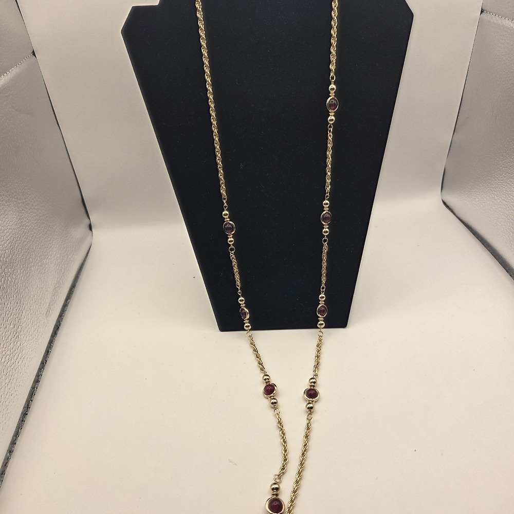 VTG Gold Tone Rope Chain Necklace Red Glass Cabochon Korea